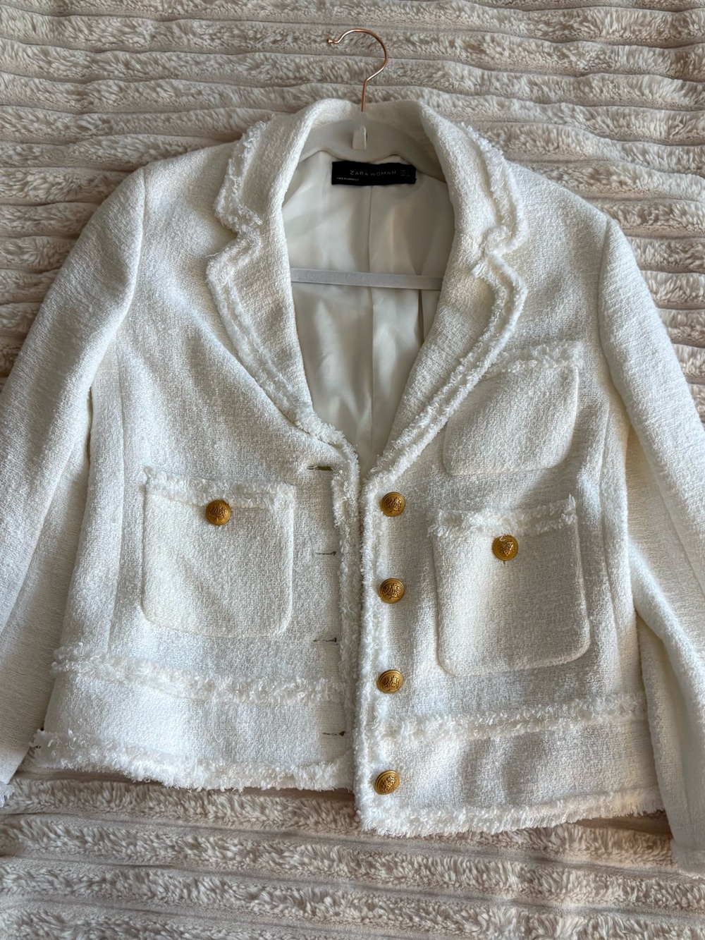 Zara White Tweed Blazer with Gold Buttons